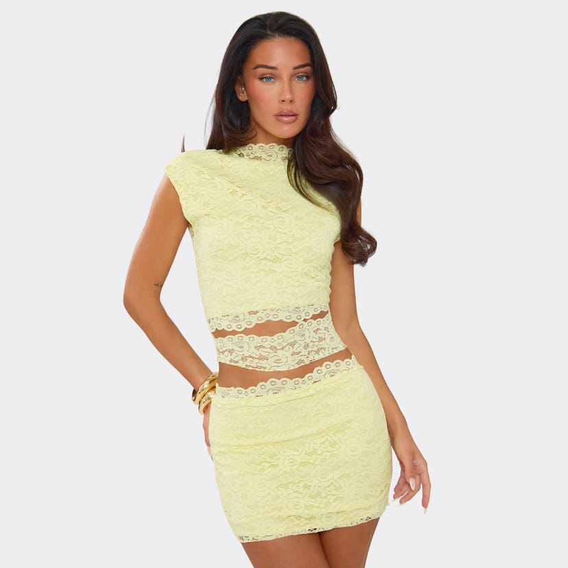 EGO High Neck Cut Out Detail Sleeveless Top In Lemon Lace., Women's Size UK 8 - 1