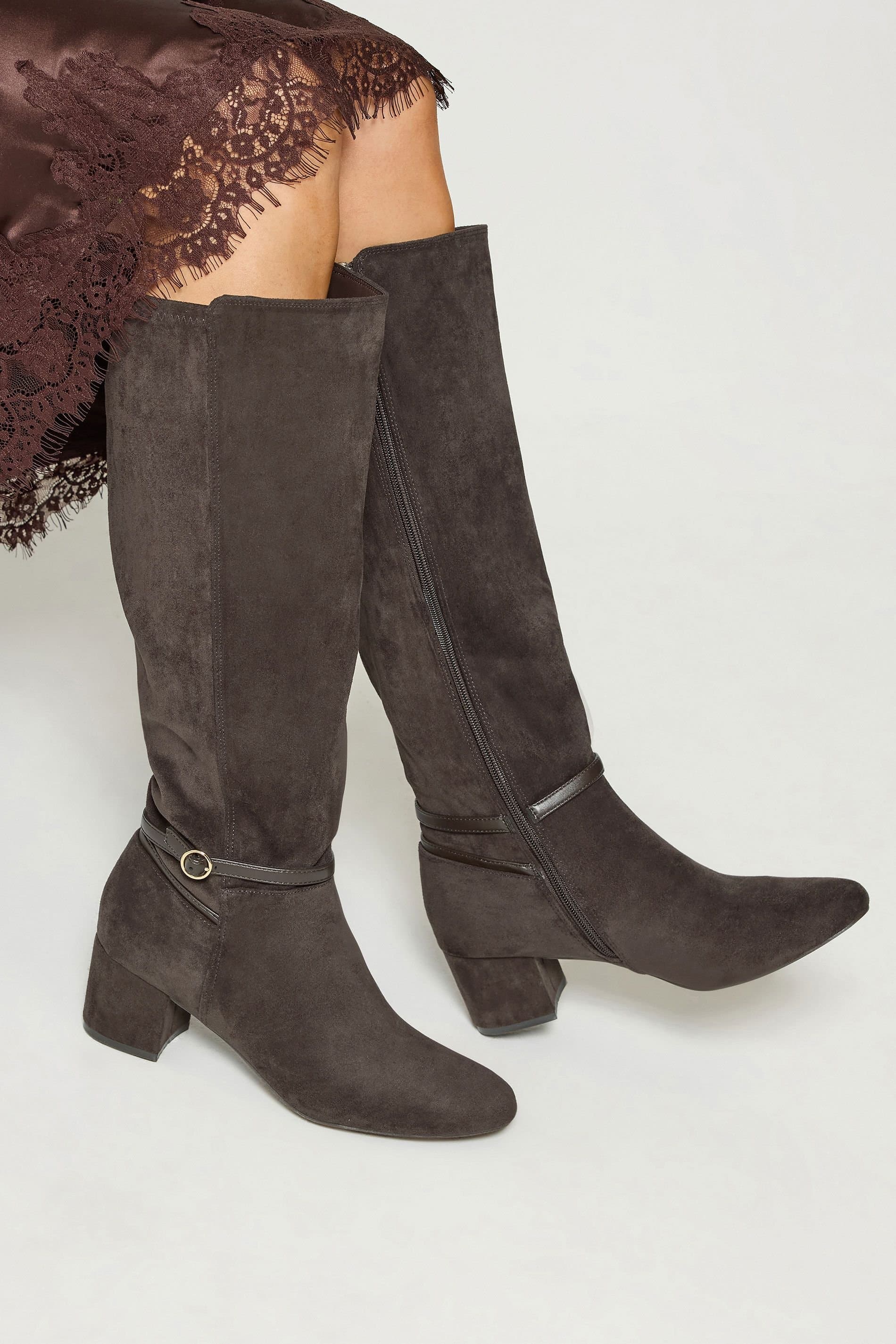 Long Tall Sally Long Tall Sally Women's Buckle Detail Knee High Boots In Standard Fit in Chocolate