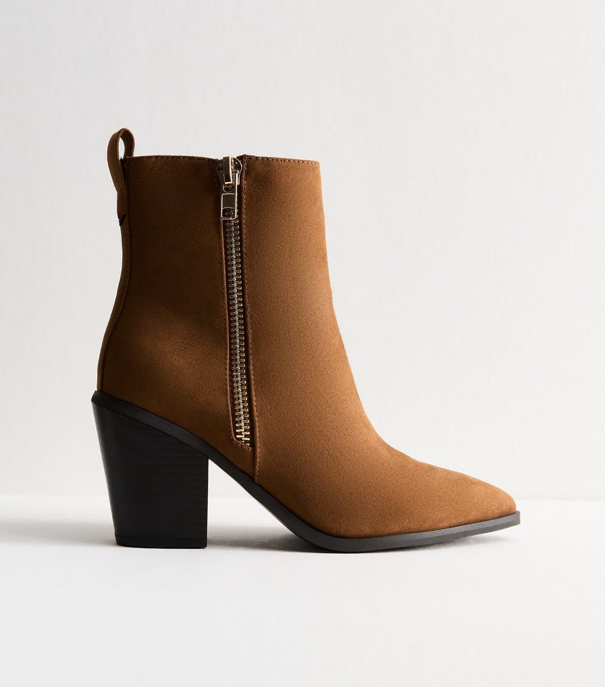 New Look Women's Wide Fit Tan Faux Suede Side Zip Heeled Ankle Boots Vegan New Look
