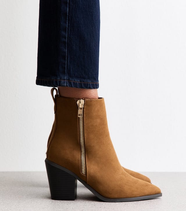 New Look Women's Wide Fit Tan Faux Suede Side Zip Heeled Ankle Boots Vegan New Look - 2