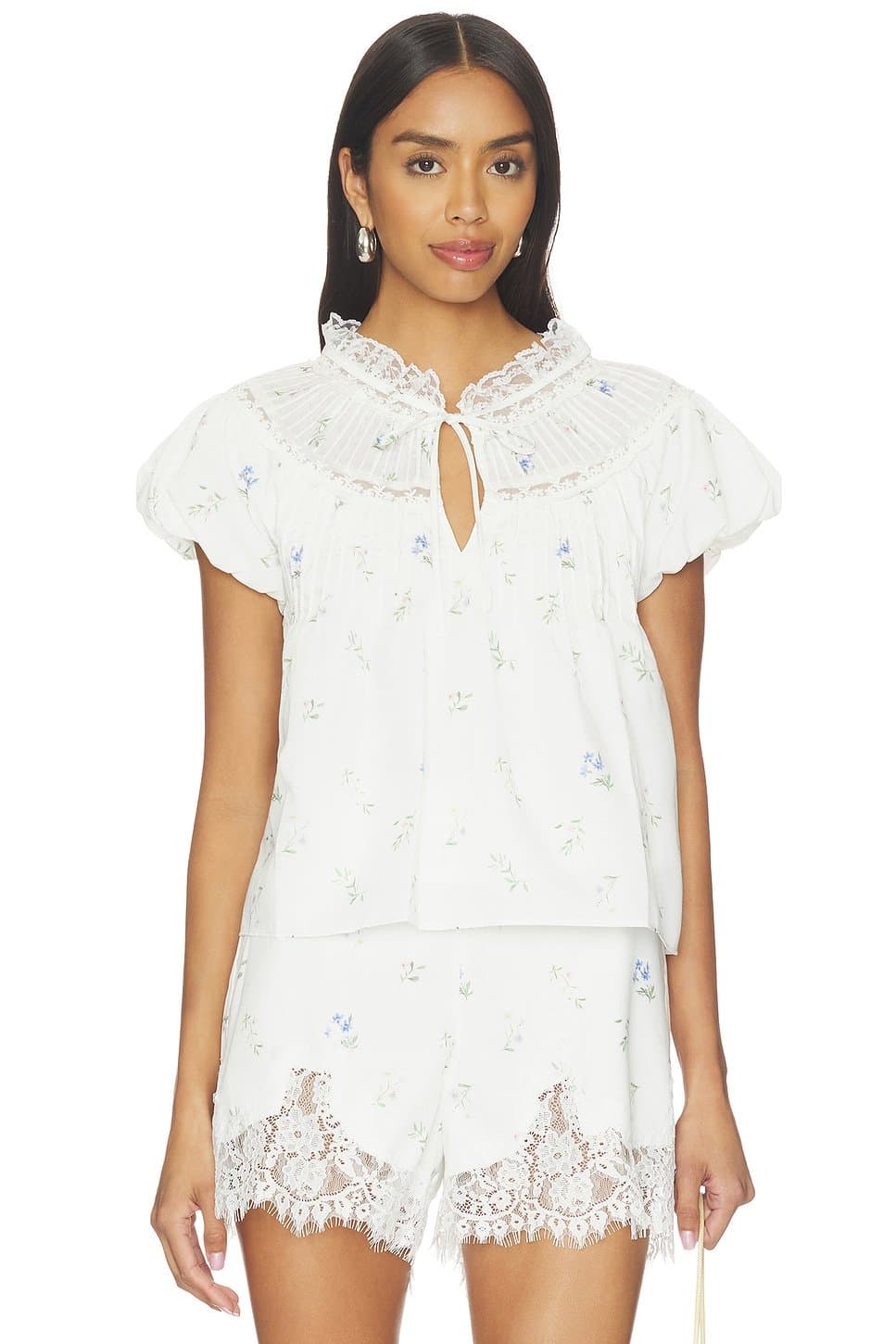 revolve Revolve White Multi Floral Lace Trim Top