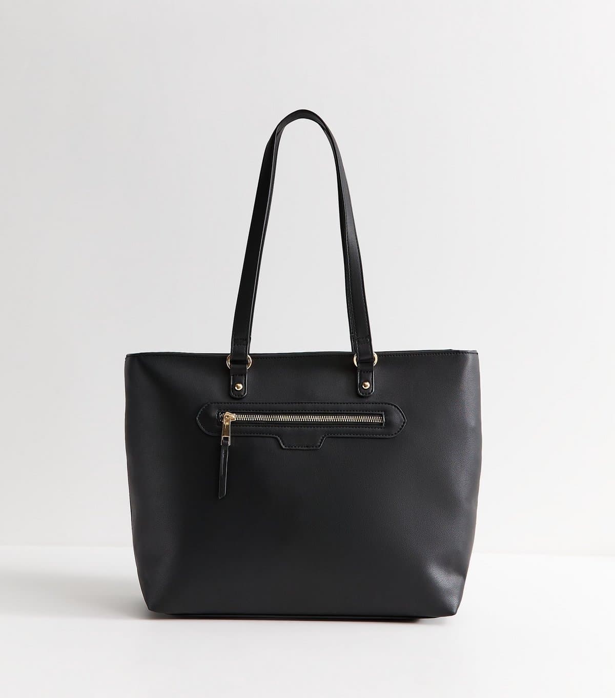 New Look Black Faux Leather Front Zip Pocket Tote Bag Vegan New Look