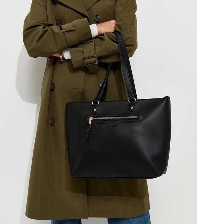 New Look Black Faux Leather Front Zip Pocket Tote Bag Vegan New Look - 2