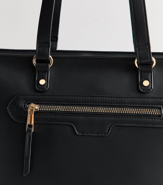 New Look Black Faux Leather Front Zip Pocket Tote Bag Vegan New Look - 3