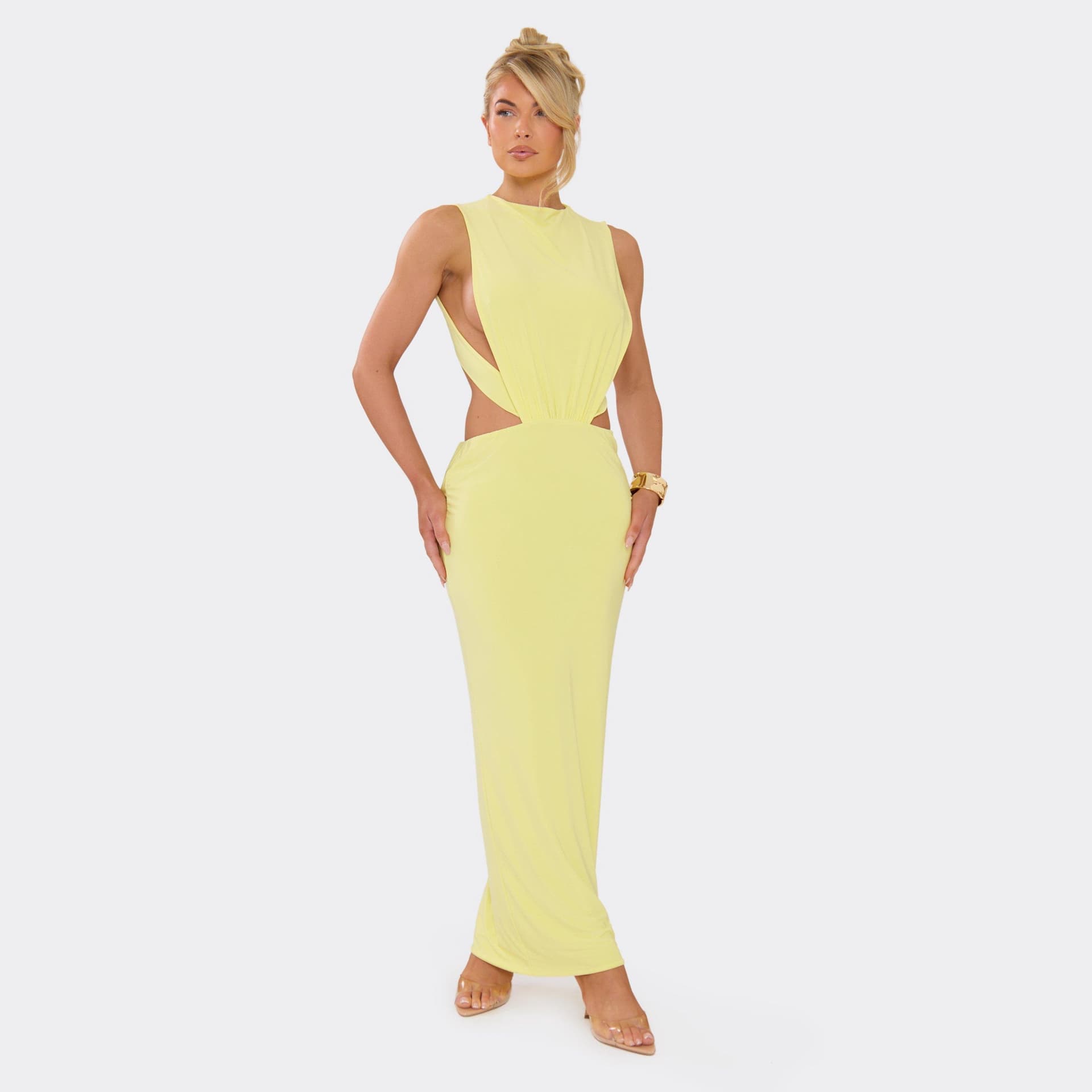 EGO Sleeveless Cut Out Side Detail Open Back Maxi Dress In Lemon, Women's Size UK 6
