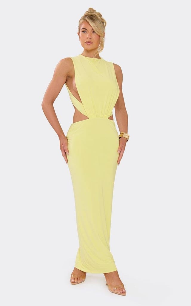 EGO Sleeveless Cut Out Side Detail Open Back Maxi Dress In Lemon, Women's Size UK 6 - 2