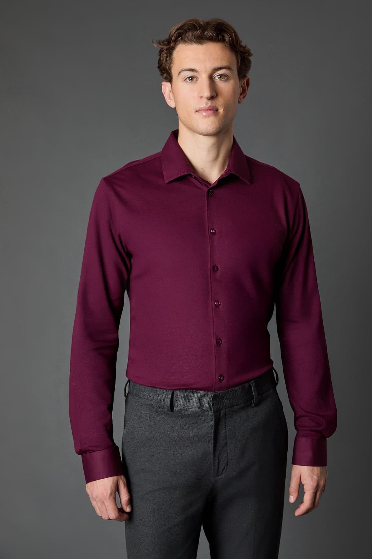 Burton Burton Men's Burgundy Pique Slim Fit Long Sleeve Shirt