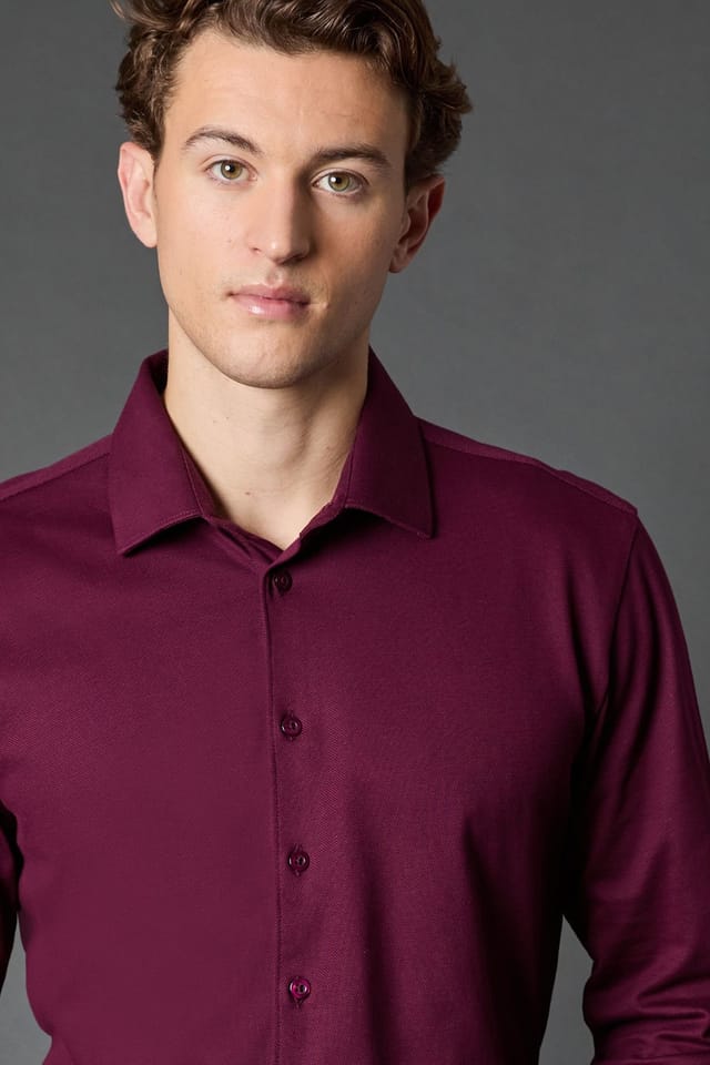Burton Burton Men's Burgundy Pique Slim Fit Long Sleeve Shirt - 2
