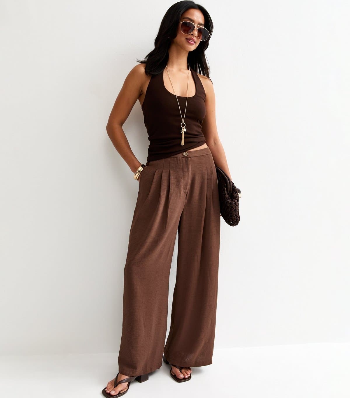 New Look New Look Dark Brown Pleated Wide Leg Trousers