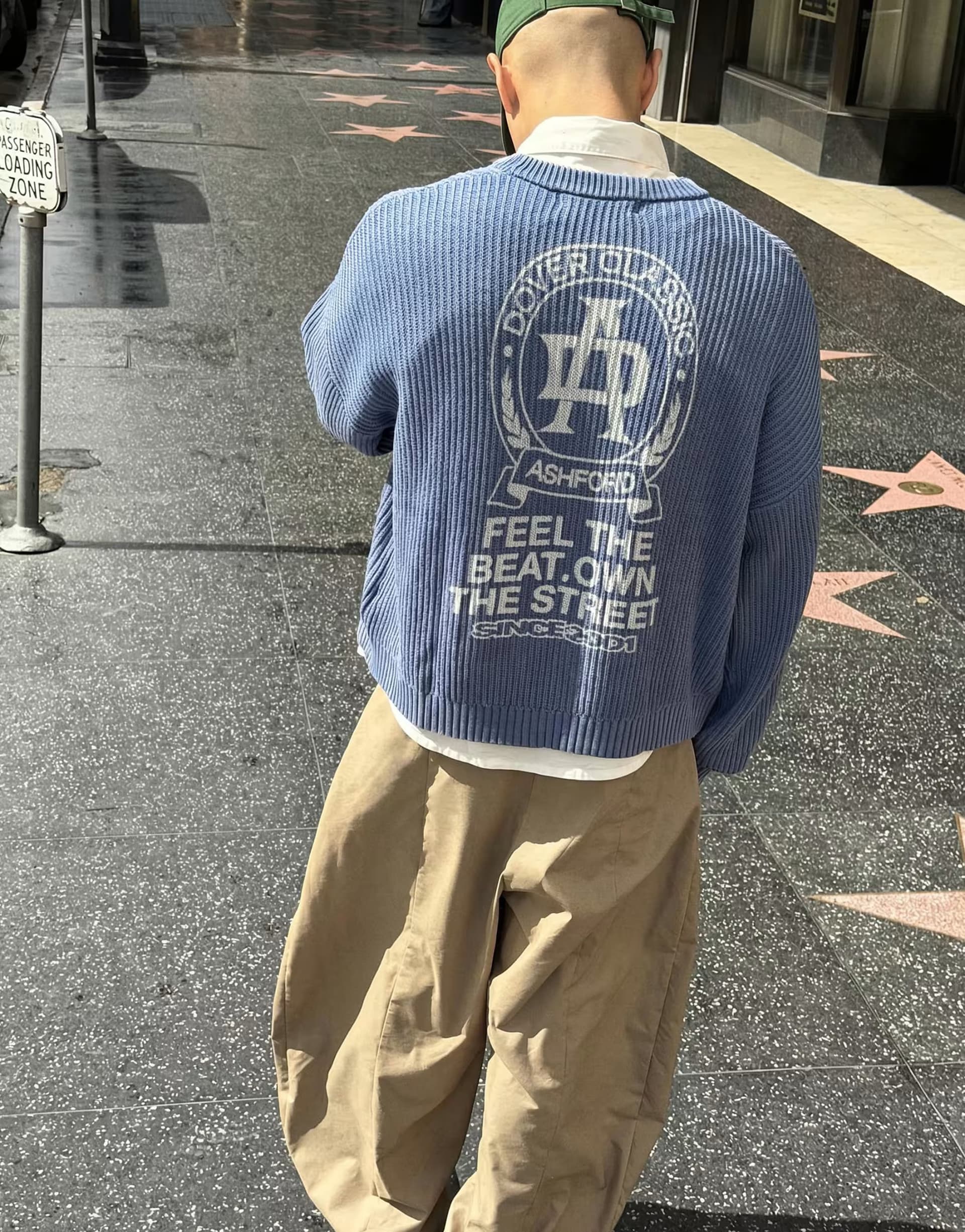 ASOS Bershka Boxy print round neck jumper in denim blue