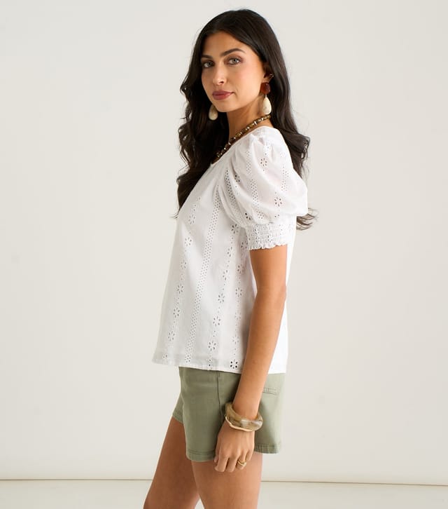 Gini London Women's Cream Broderie Puff Sleeve Top Gini London New Look - 3