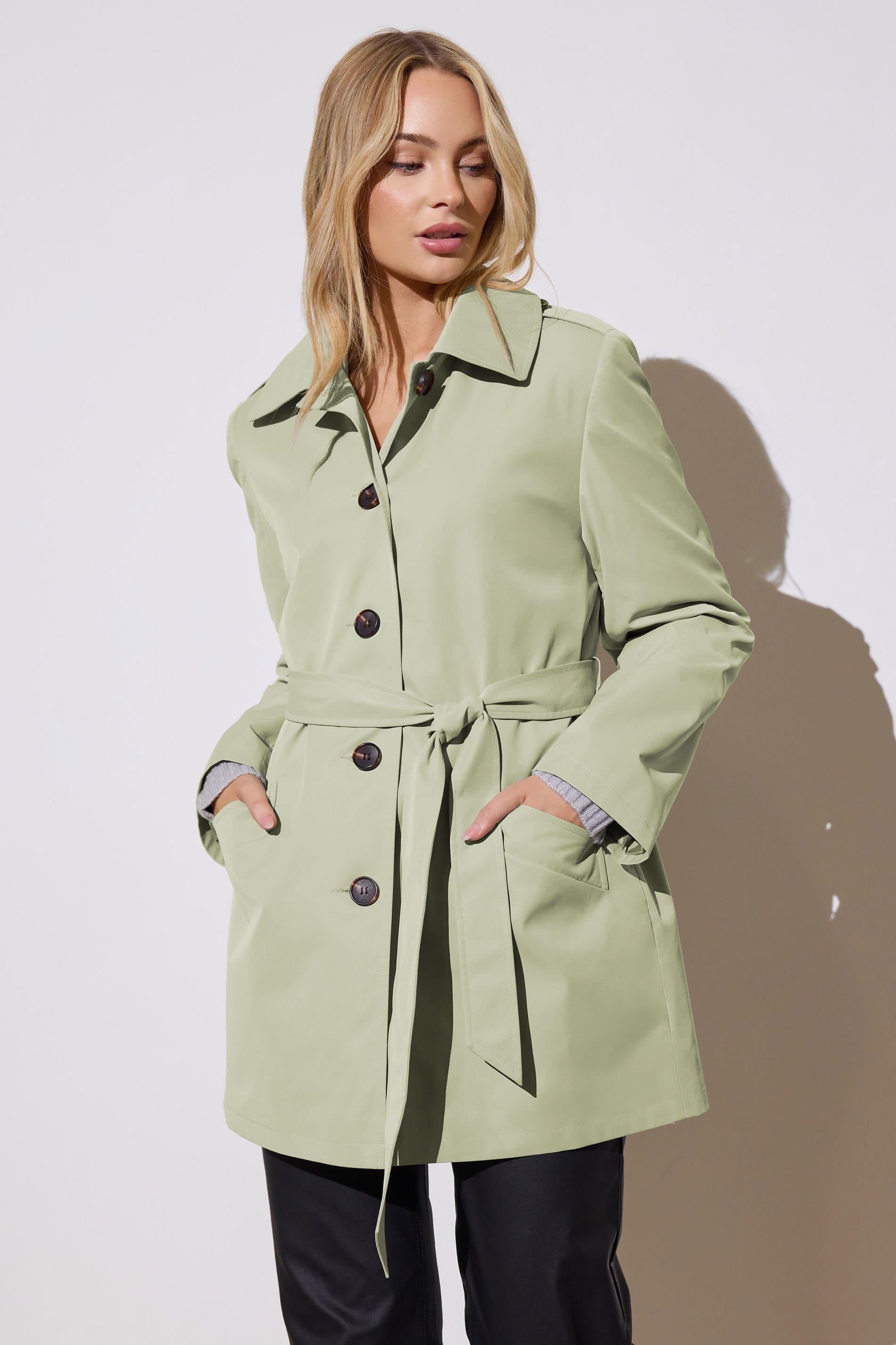 M&Co M&Co Light Green Woven Tie Waist Mac Coat