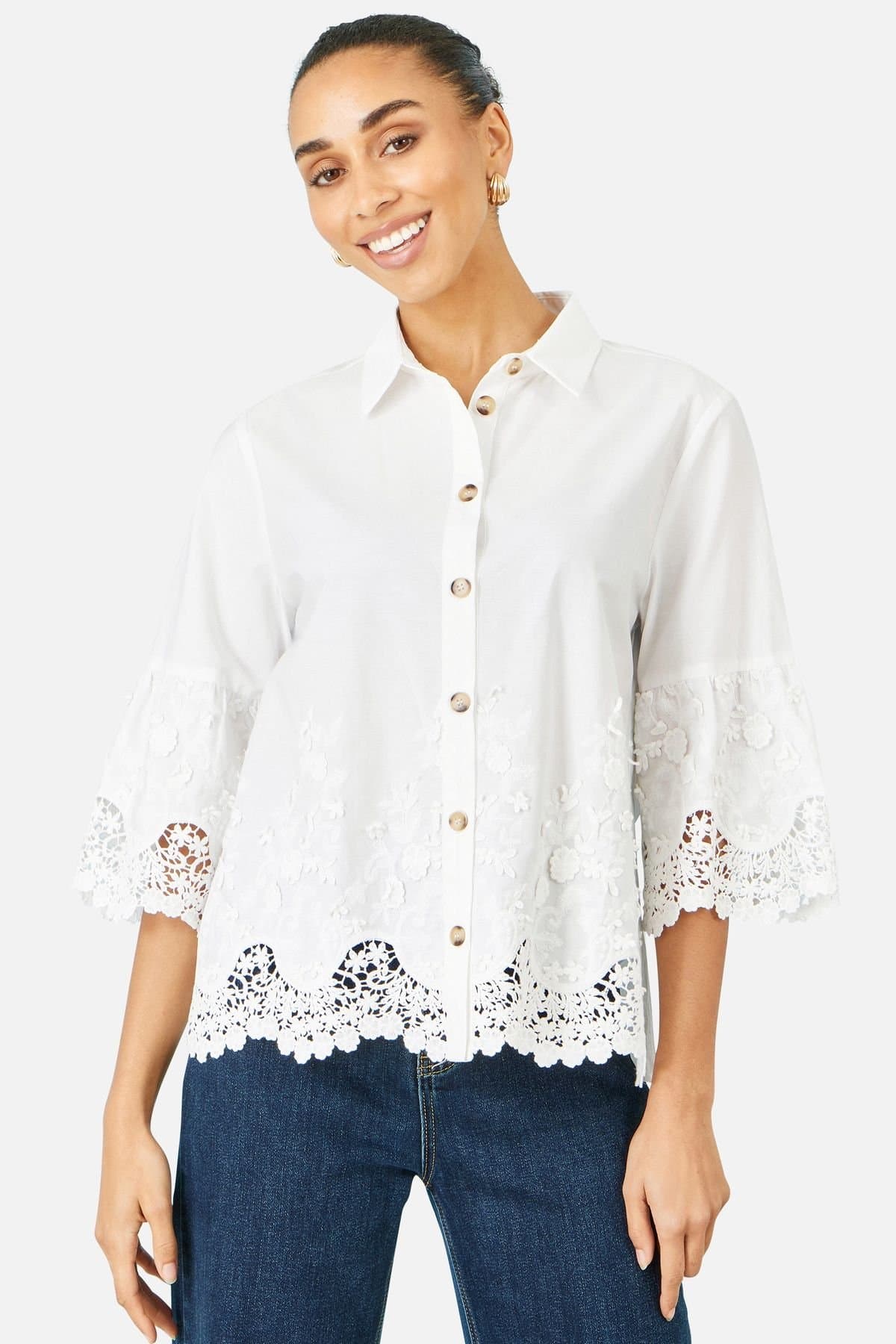 Yumi Yumi Women's White Cotton Lace Border Shirt