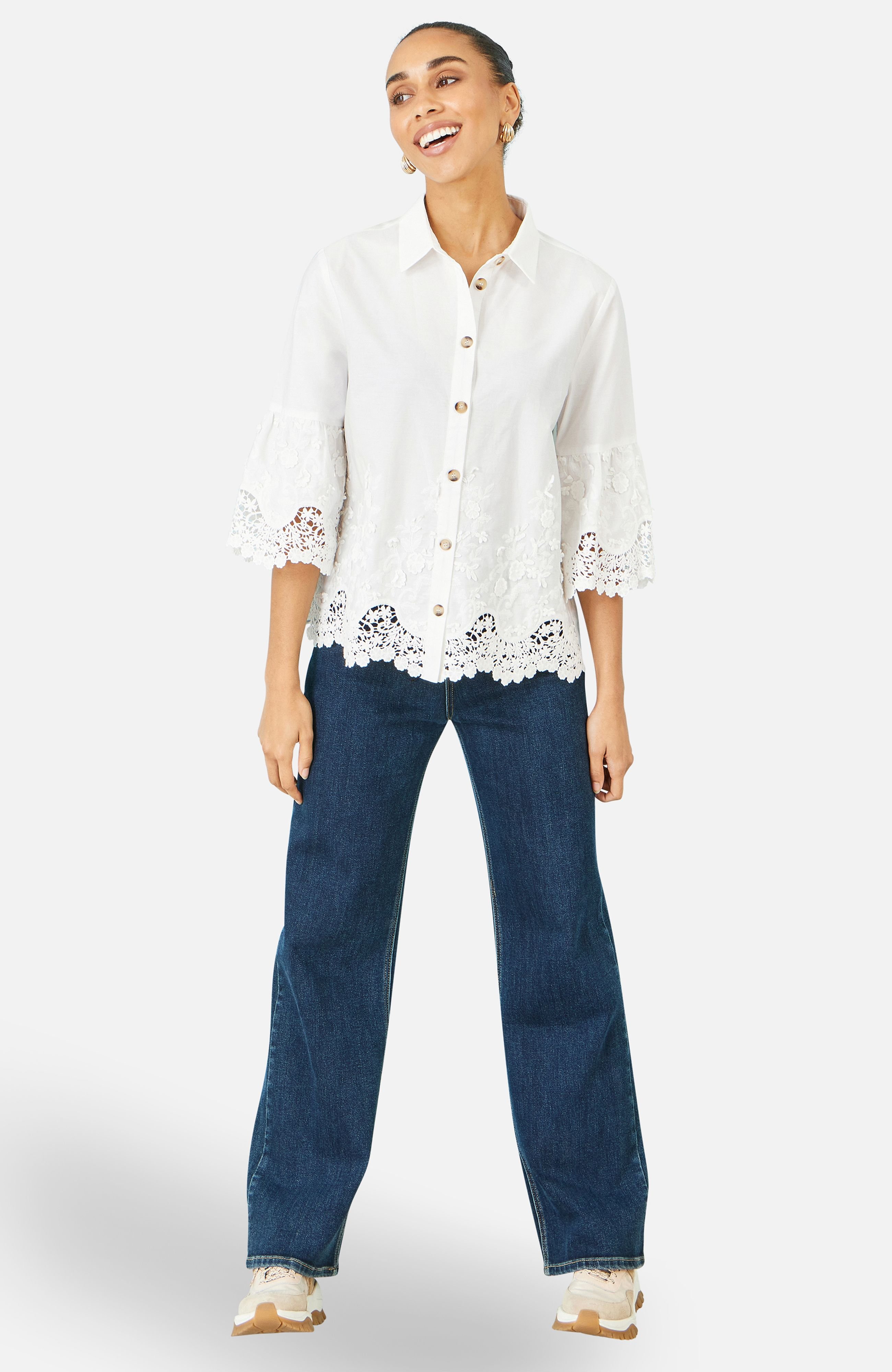 Yumi Yumi Women's White Cotton Lace Border Shirt - 2