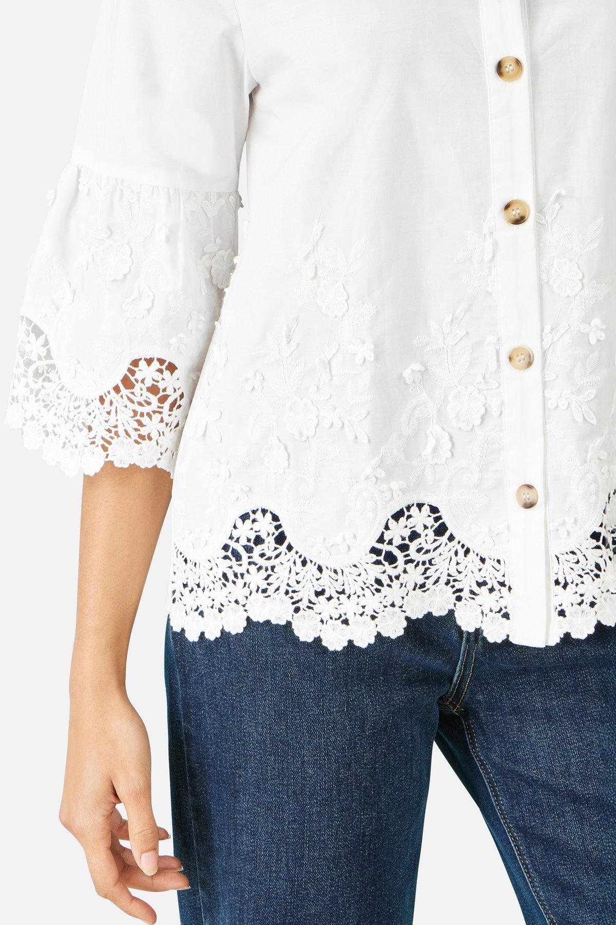 Yumi Yumi Women's White Cotton Lace Border Shirt - 4