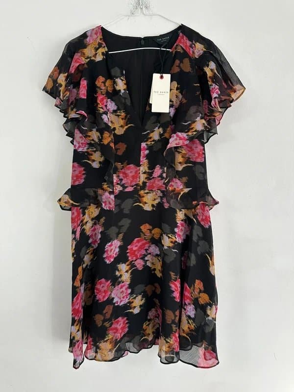 Ted Baker Ted baker 16 dress size 5 Tiaah short chiffon peplum waist short black floral new BNWT £120