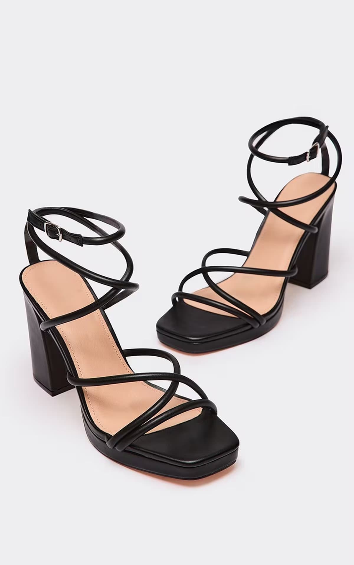 EGO EGO Black Faux Leather Strappy Block Heel Sandals, Women's Size