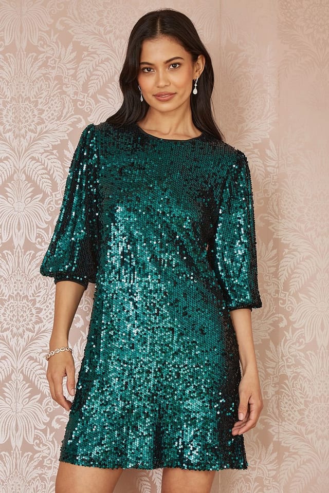 Yumi Yumi Women's Green Sequin Tunic Dress With Balloon Sleeves - 2