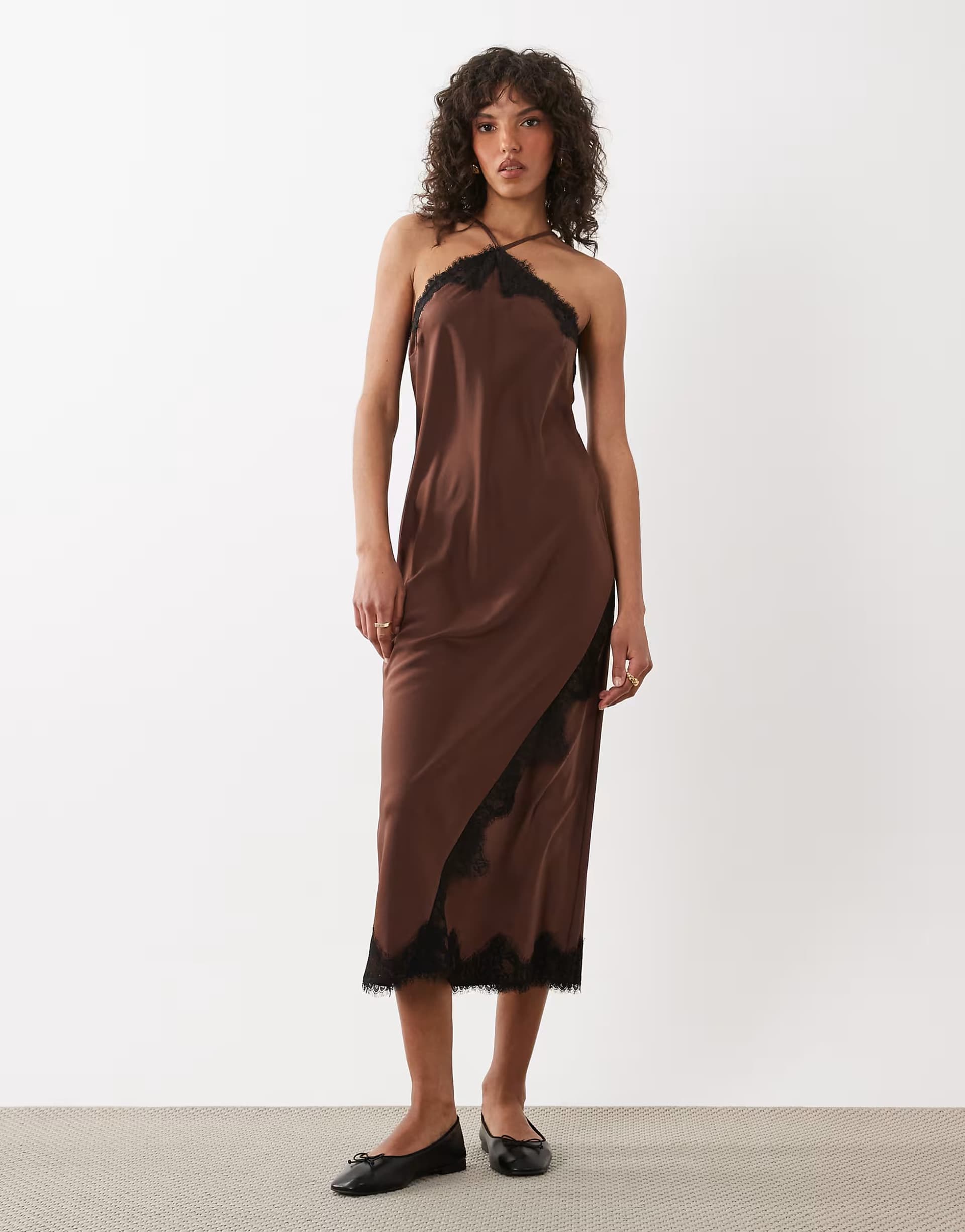 ASOS New Look asymmetric halterneck satin lace midi dress in brown