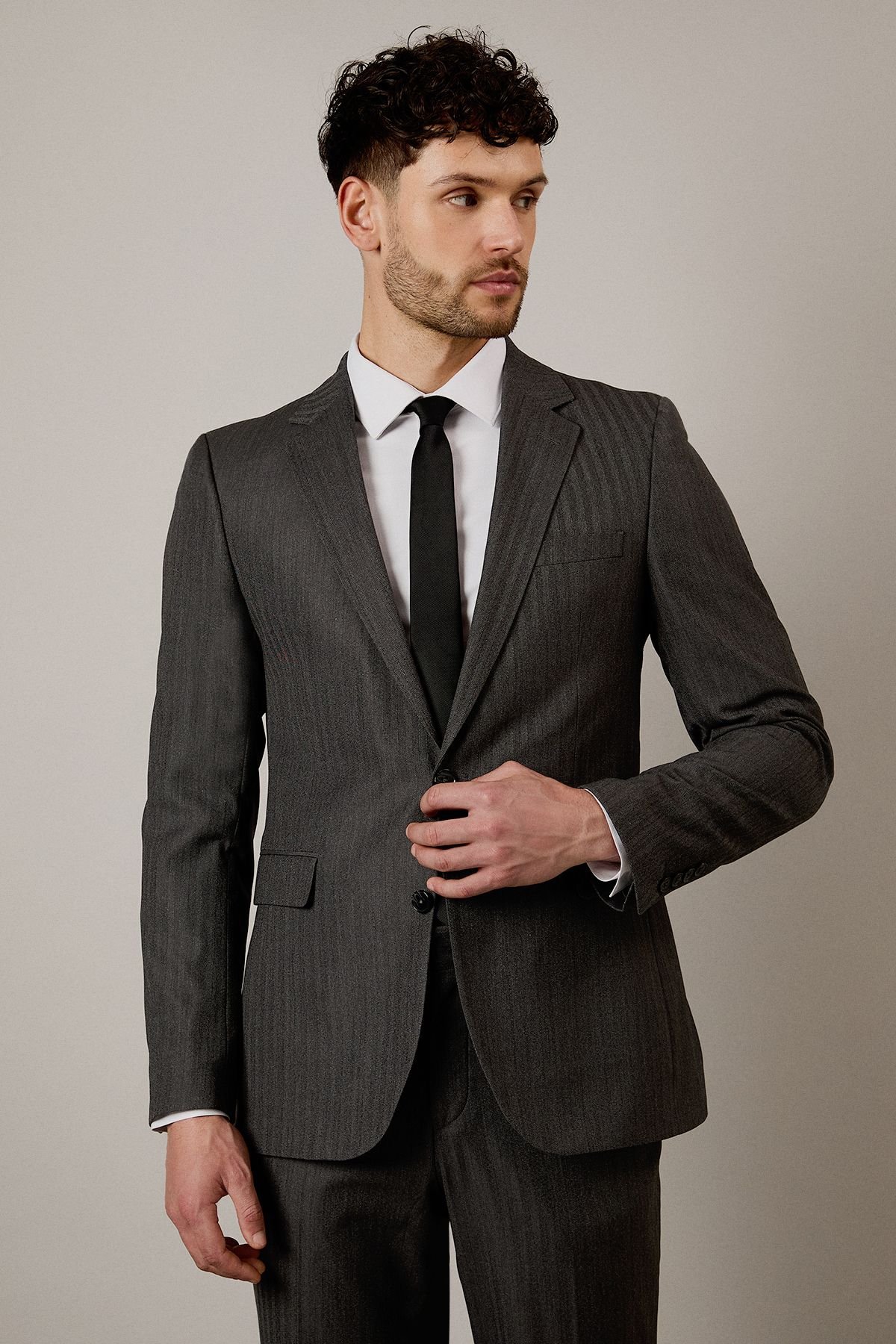 Burton Burton Men's Grey Herringbone Slim Fit Suit Jacket - 2