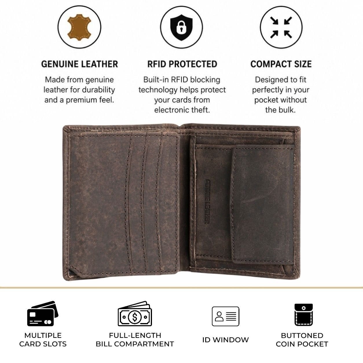 Woodland Leathers Woodland Leathers Men's Men's Leather RFID Wallet with Coin Pocket & ID Window in Brown - 4