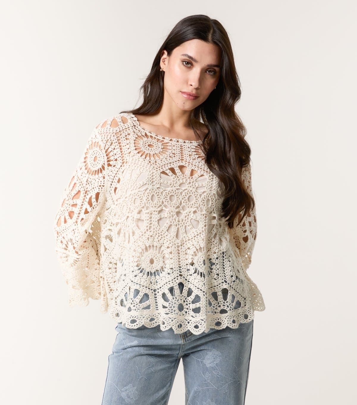 Blue Vanilla Women's Stone Crochet Knit Flare Sleeve Top Blue Vanilla New Look