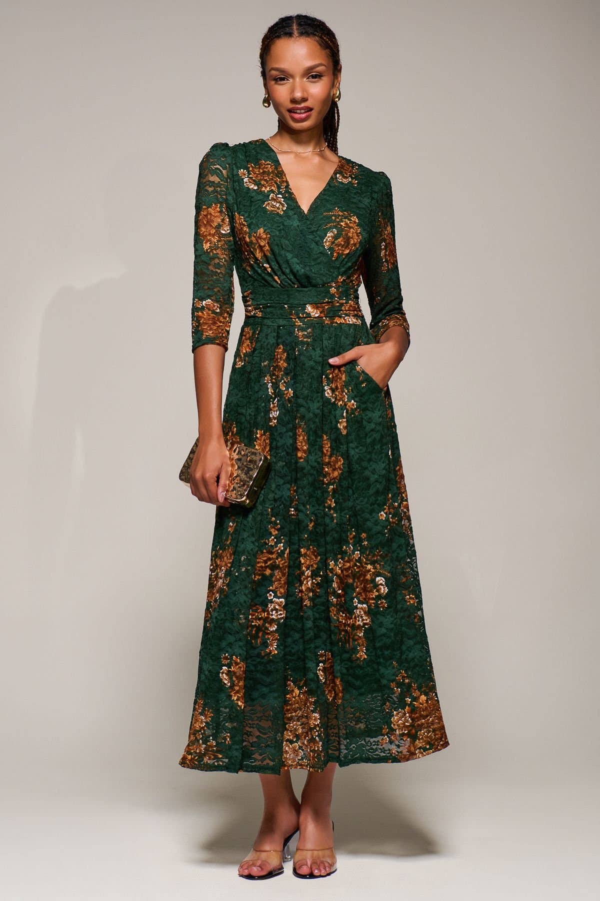 Jolie Moi Jolie Moi Women's Three Quarter Sleeve Printed Lace Maxi Dress in Green