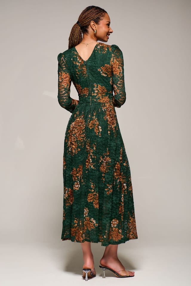 Jolie Moi Jolie Moi Women's Three Quarter Sleeve Printed Lace Maxi Dress in Green - 2