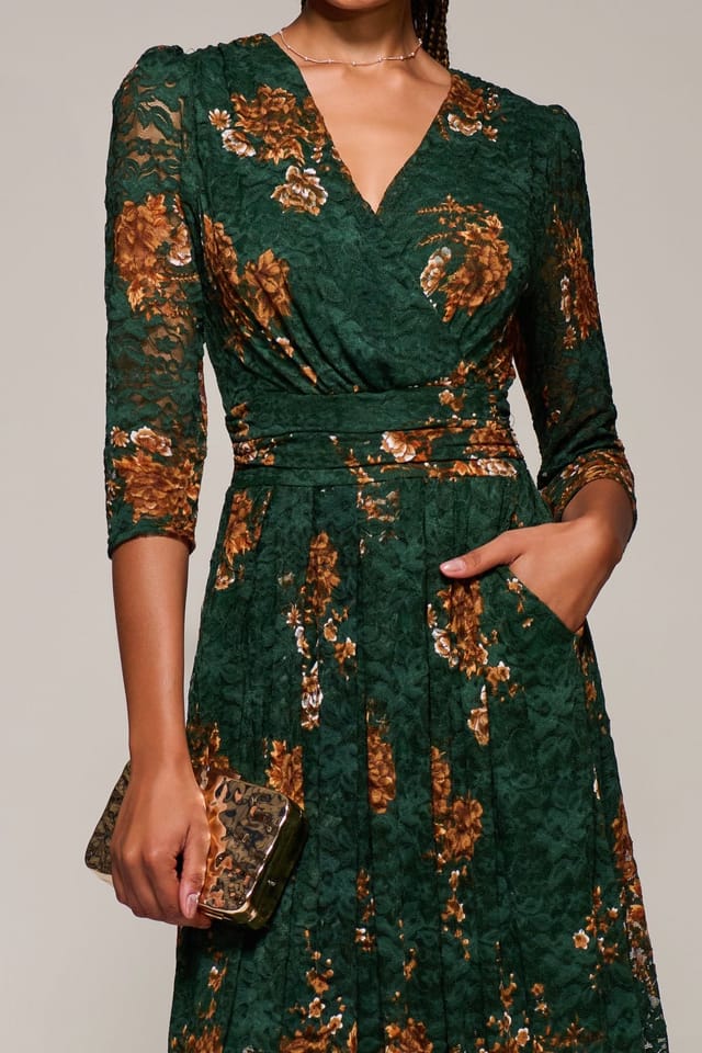 Jolie Moi Jolie Moi Women's Three Quarter Sleeve Printed Lace Maxi Dress in Green - 3