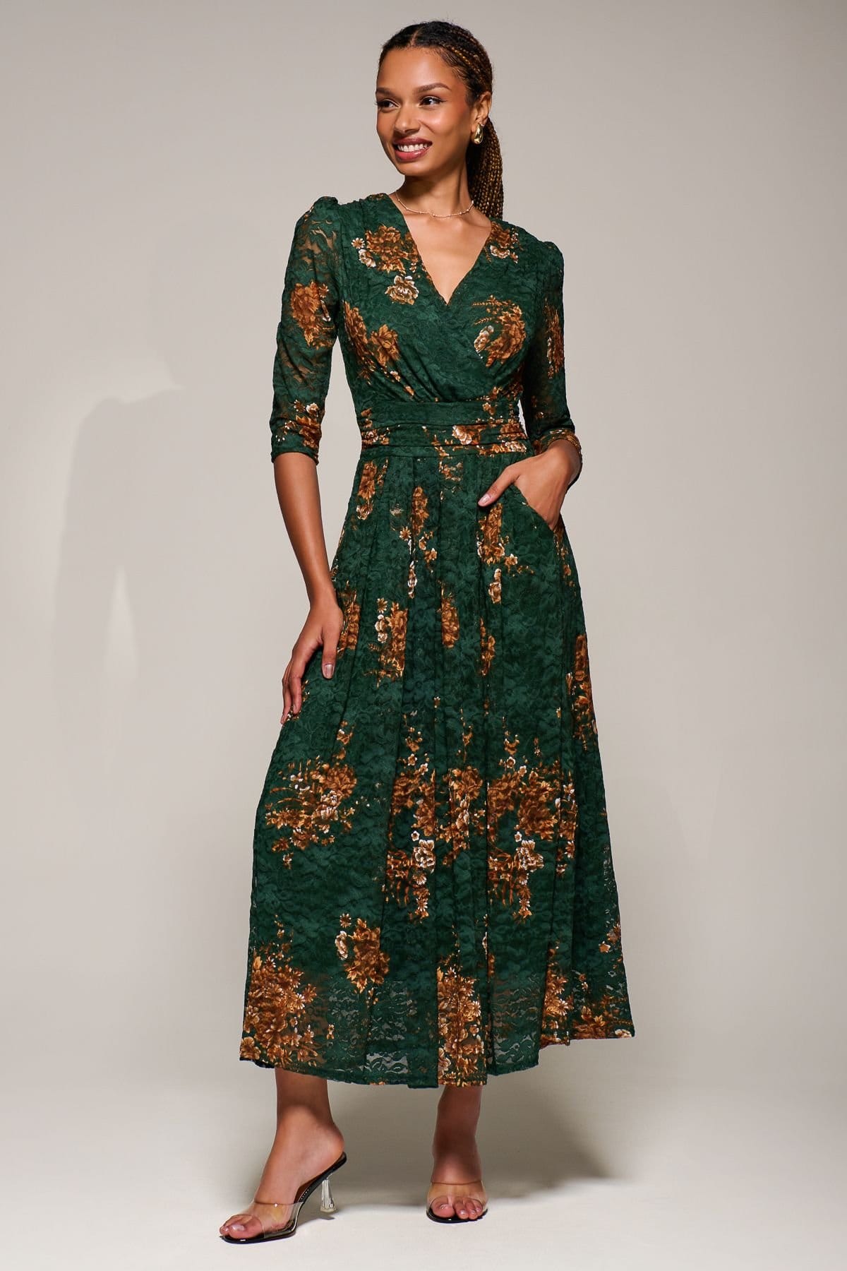 Jolie Moi Jolie Moi Women's Three Quarter Sleeve Printed Lace Maxi Dress in Green - 4