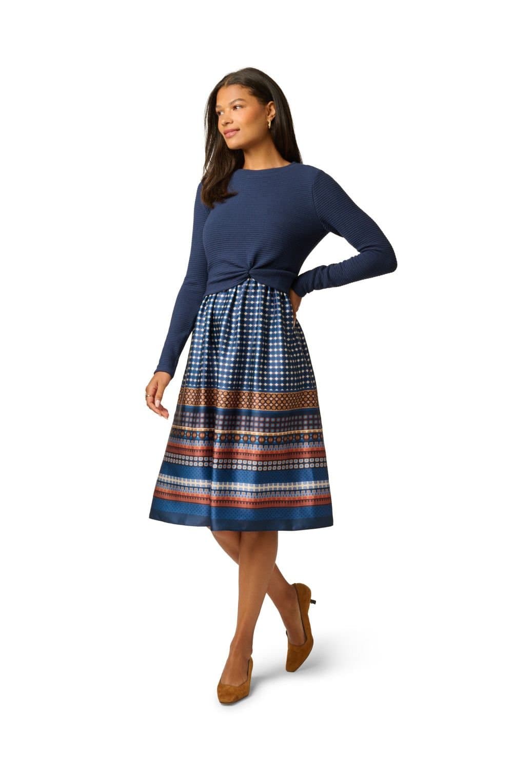 Adrianna Papell Adrianna Papell Women's Knit Print Combo Dress in Navy