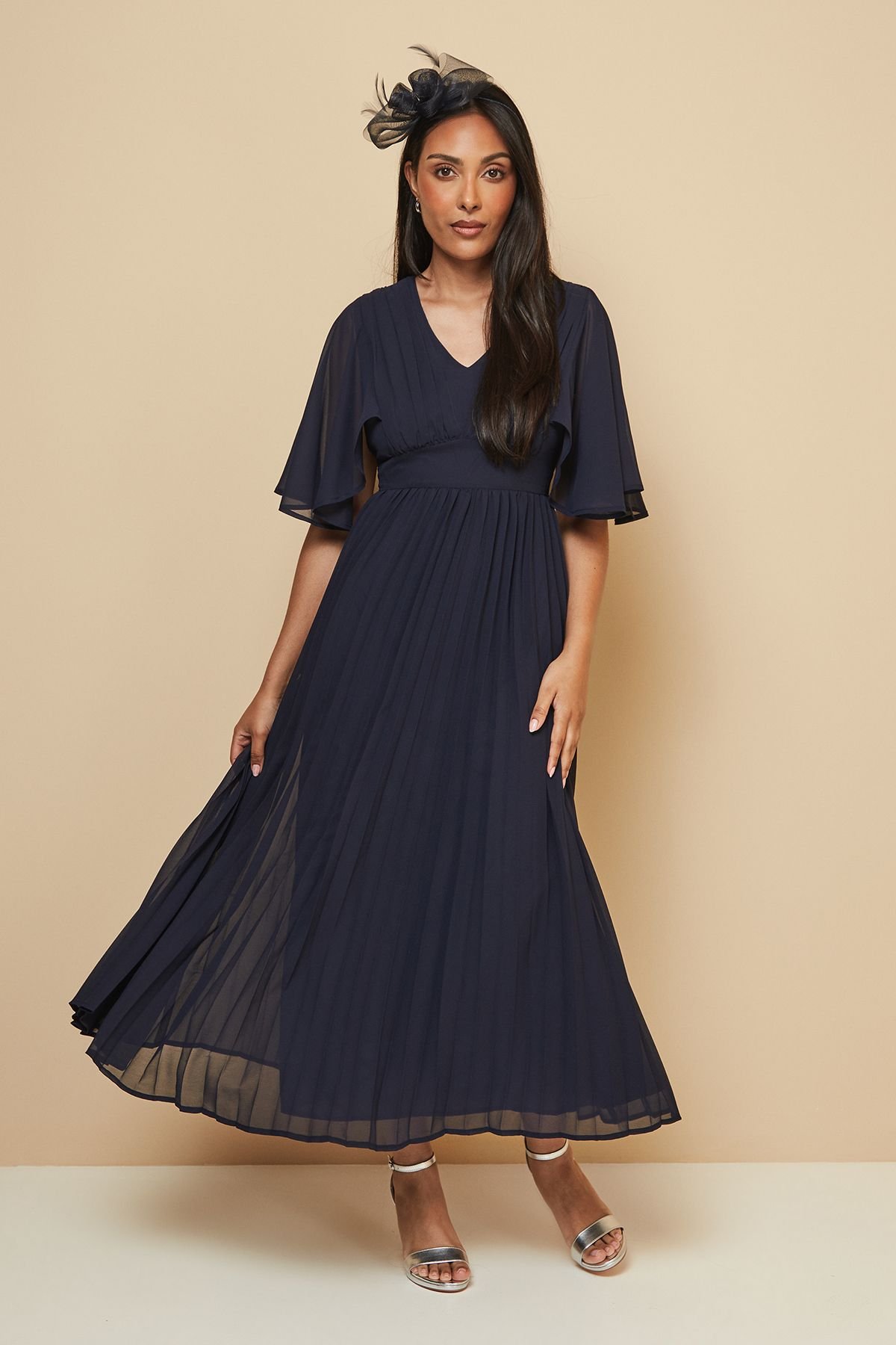 Wallis Wallis Women's Petite Pleated Cape Sleeve Midi Dress in Navy - 2