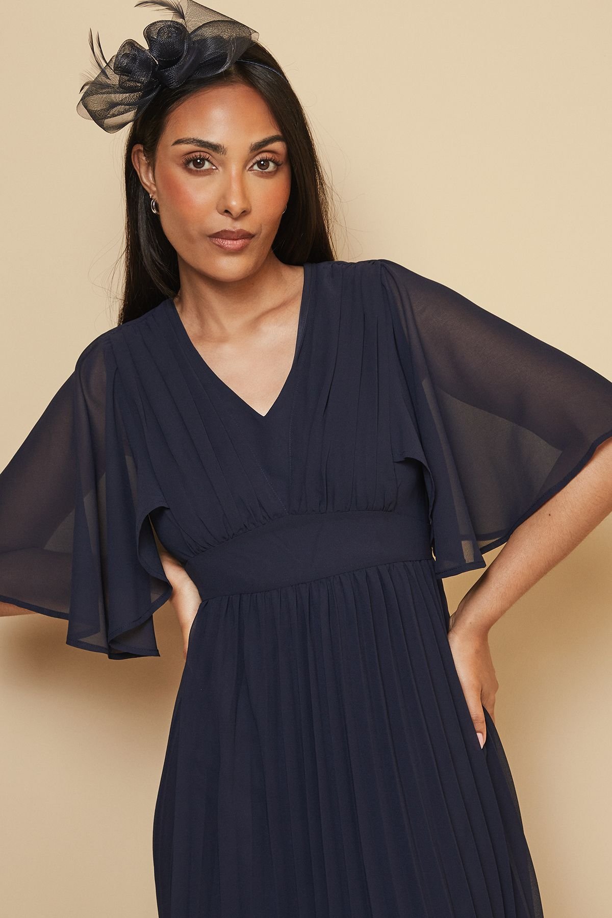 Wallis Wallis Women's Petite Pleated Cape Sleeve Midi Dress in Navy - 3