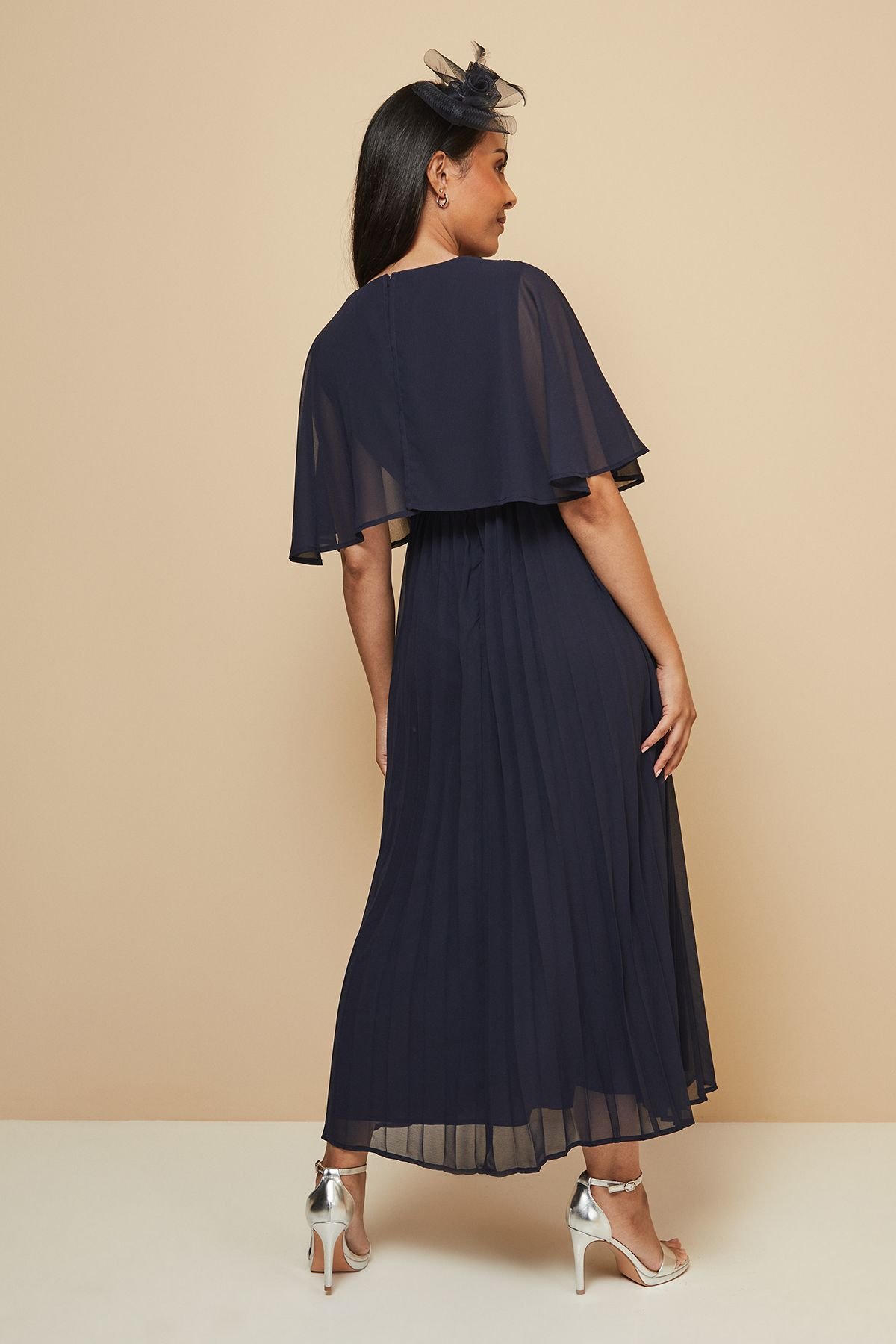 Wallis Wallis Women's Petite Pleated Cape Sleeve Midi Dress in Navy - 4