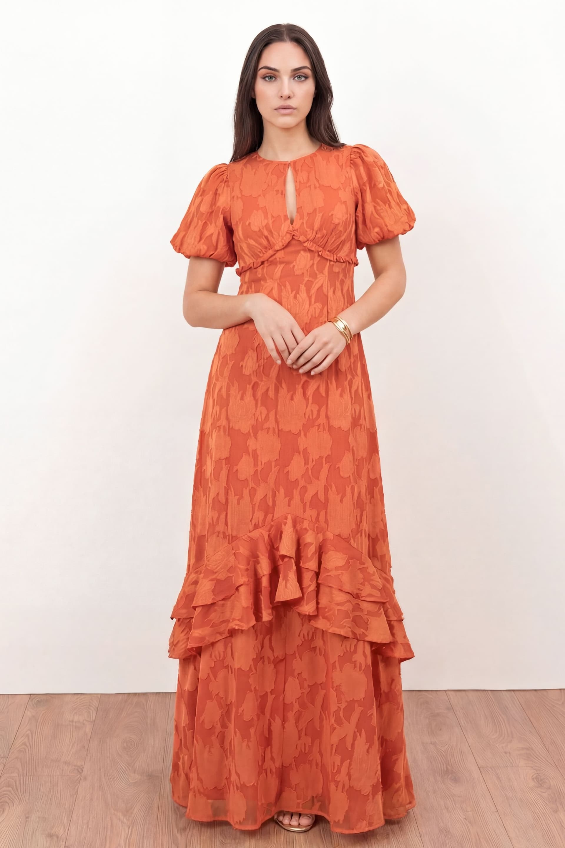 Anaya with Love Anaya with Love Women's Floral Burnout Short Sleeve Maxi Dress in Orange