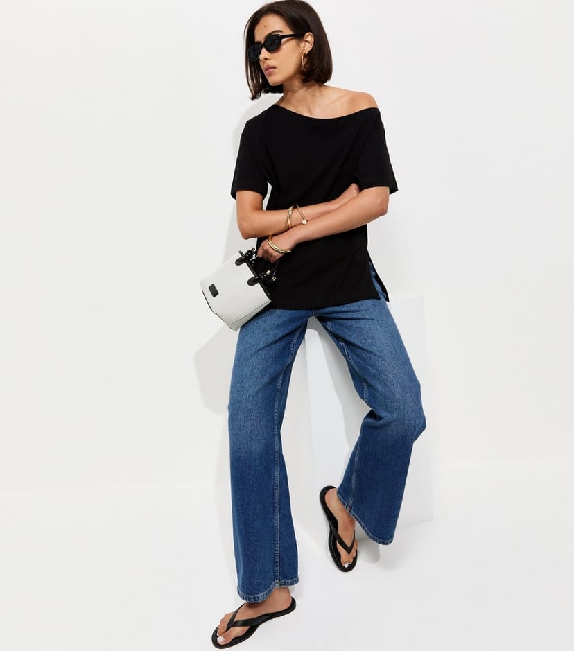 New Look Women's Black Cotton Off The Shoulder T-Shirt New Look - 1