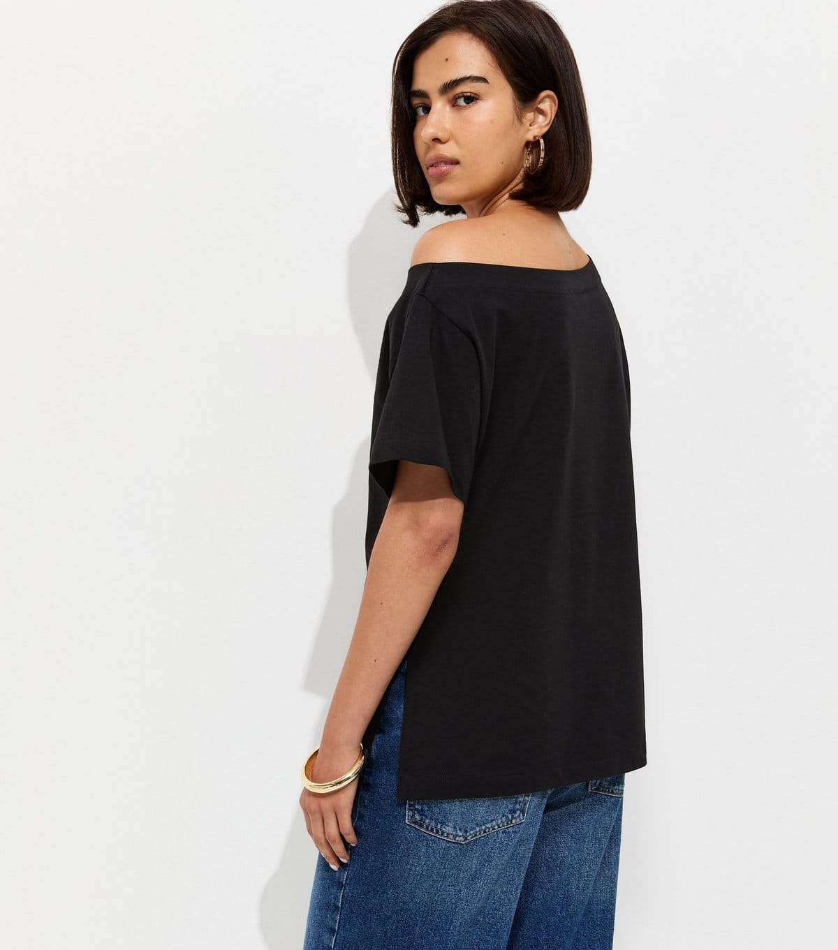 New Look Women's Black Cotton Off The Shoulder T-Shirt New Look - 4