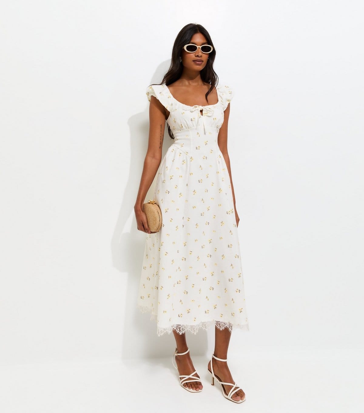 New Look Cream Rose Print Milkmaid Midi Dress