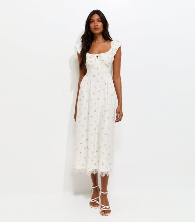 New Look Women's Cream Rose Print Milkmaid Midi Dress New Look - 3