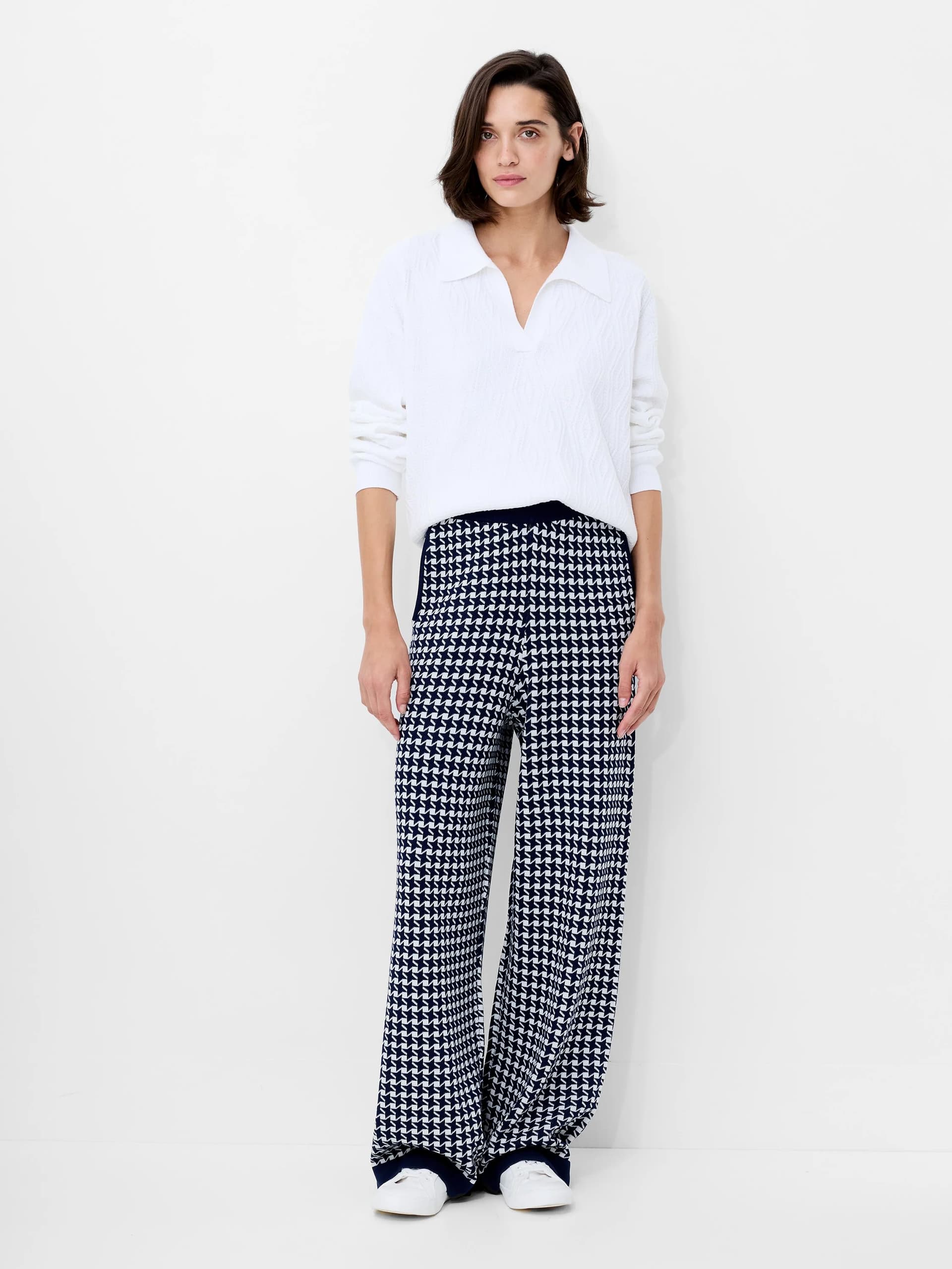 French Connection Gloria Navy Jacquard Knit Wide Leg Trousers Evening Blue/Cream