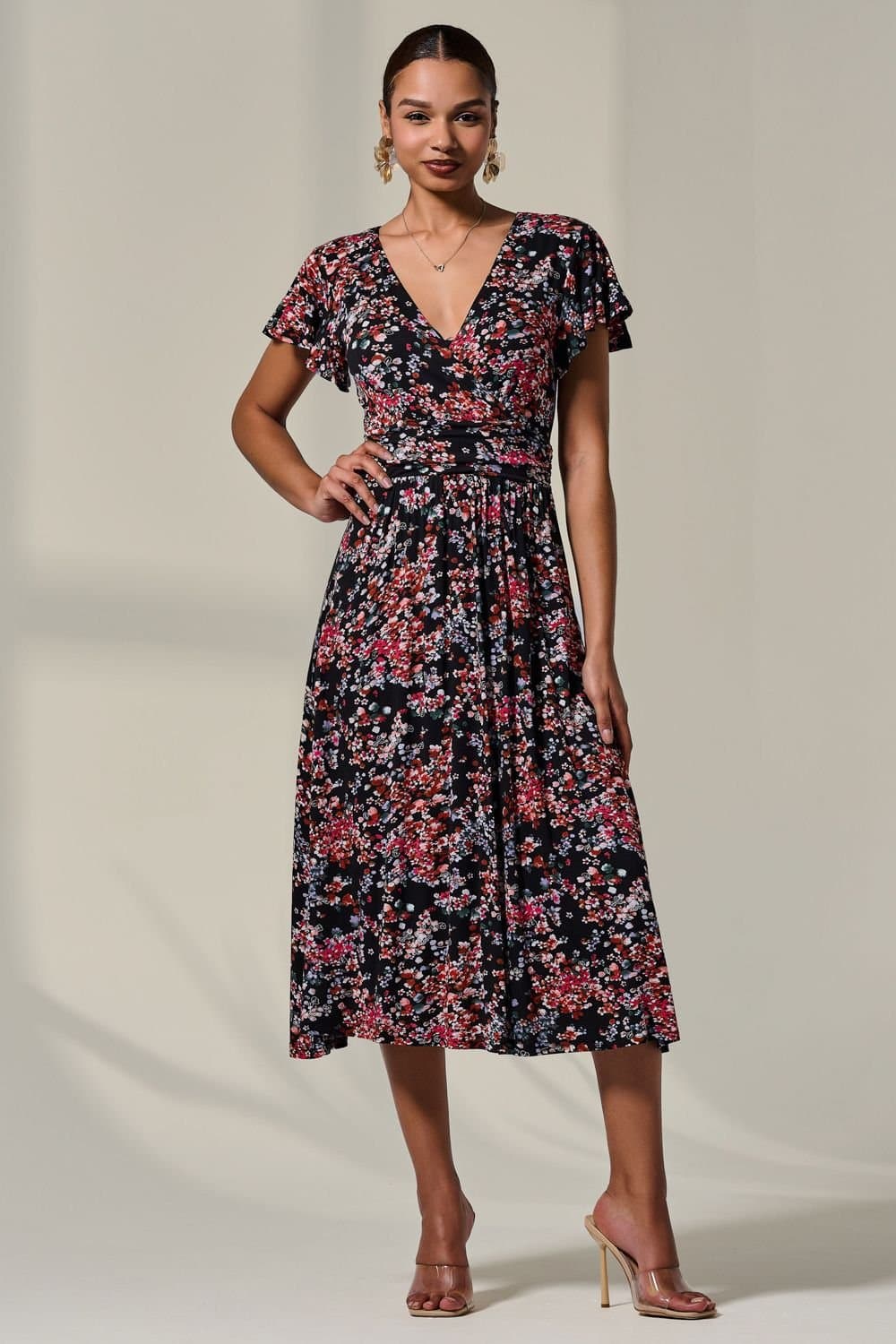 Jolie Moi Jolie Moi Women's Mock Wrap Jesery Midi Dress in Black