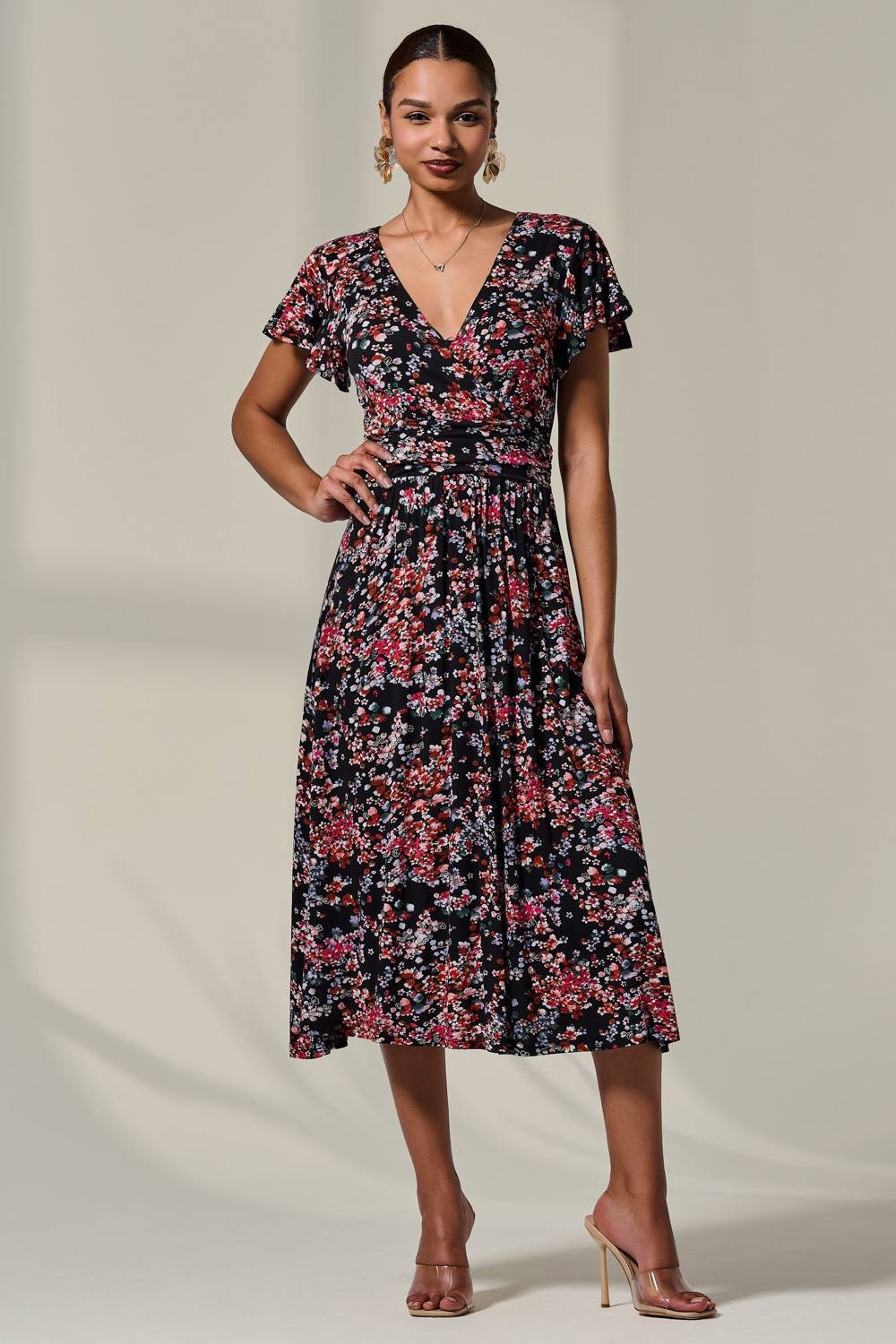 Jolie Moi Jolie Moi Women's Mock Wrap Jesery Midi Dress in Black - 4