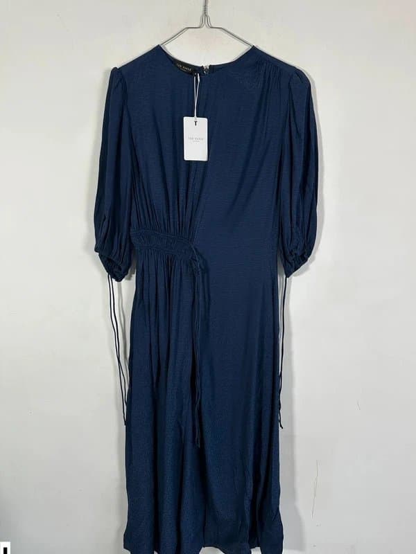 Ted Baker Ted baker midi boho dress navy blue satin finish side drape short sleeve £225 14