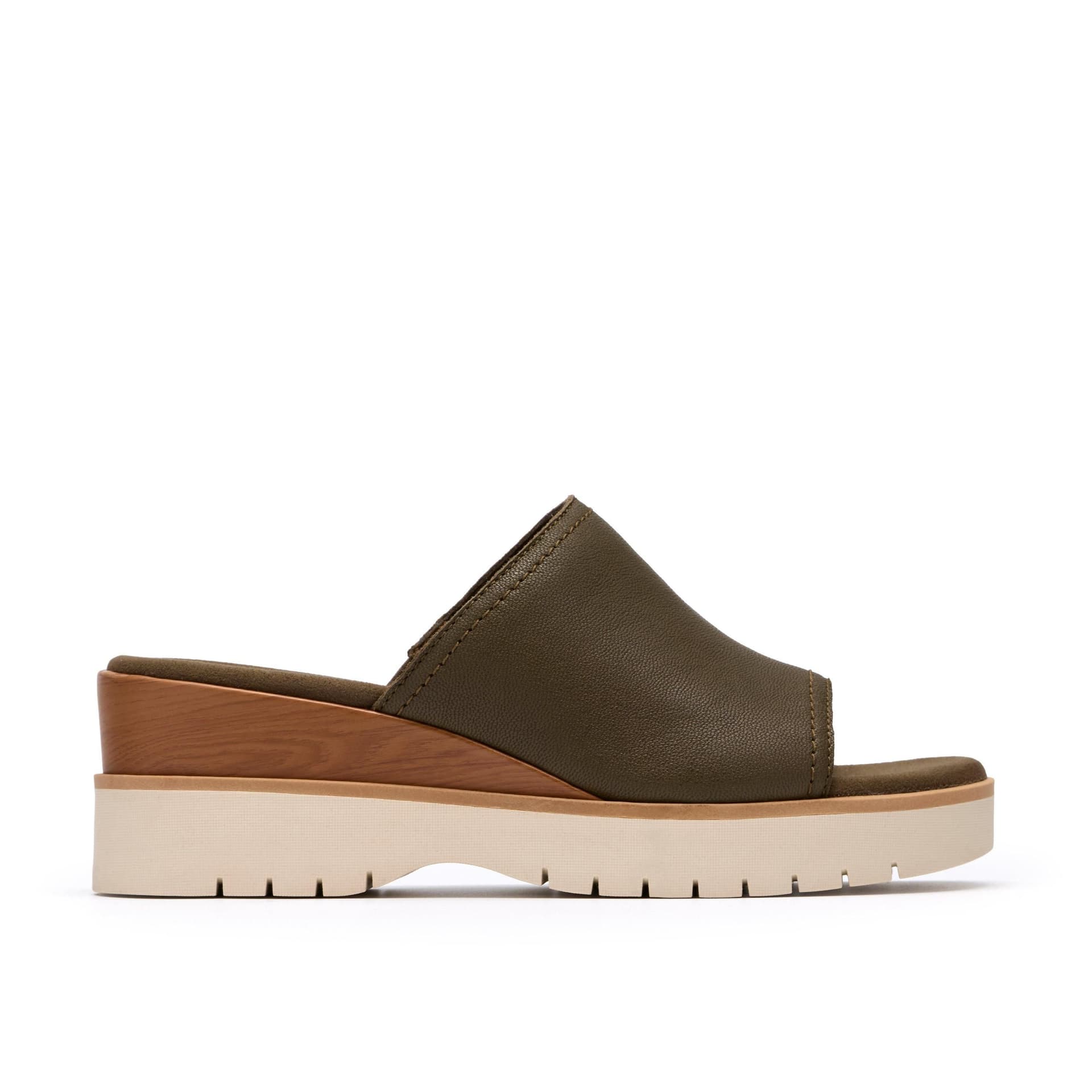 Clarks Clarks Women's Diaz Slide Dark Olive Leather Wedge Sandals In