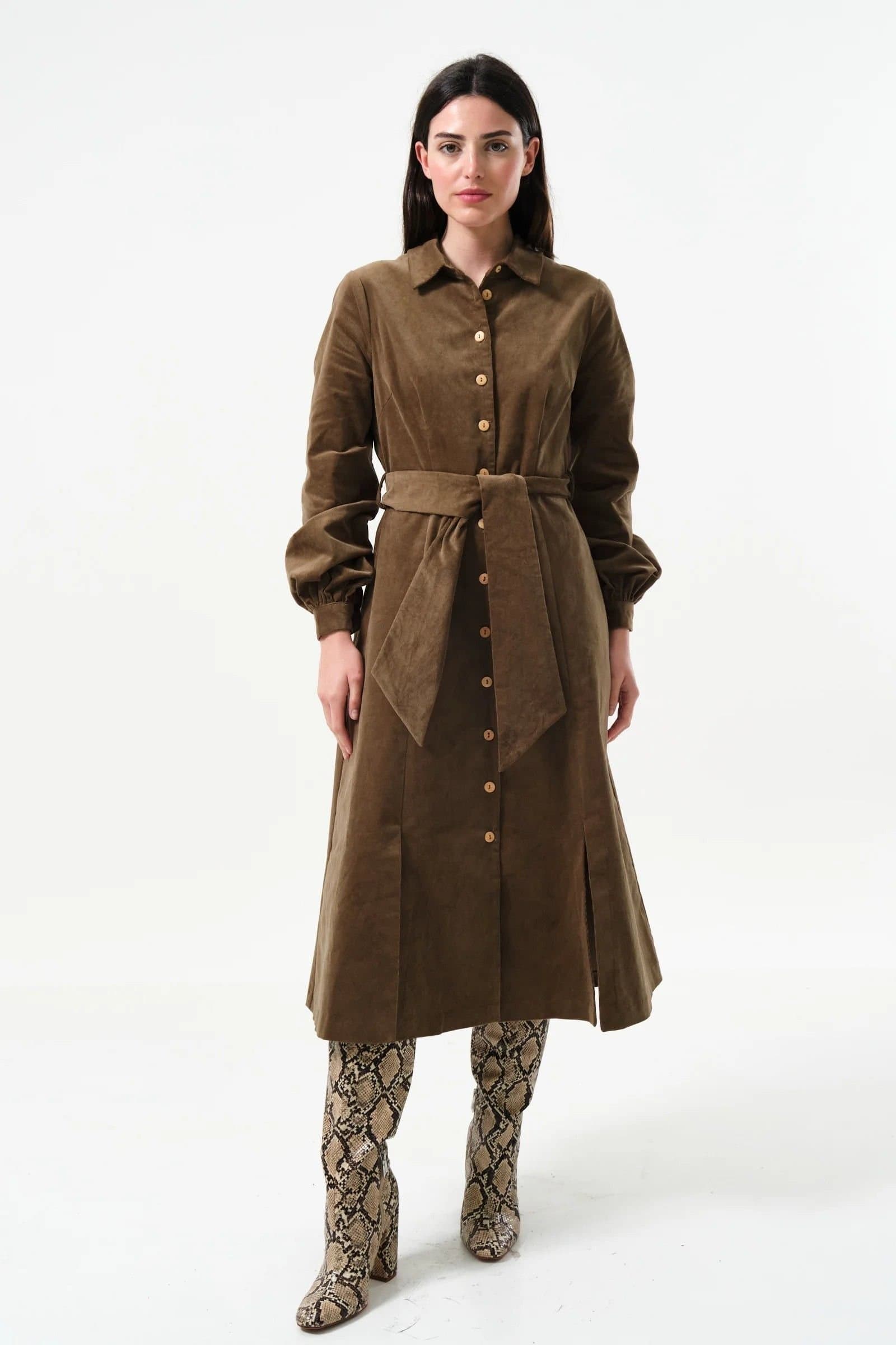 Louche Louche Women's Rebecka Baby Cord Midi Shirt Dress - Mole in Brown
