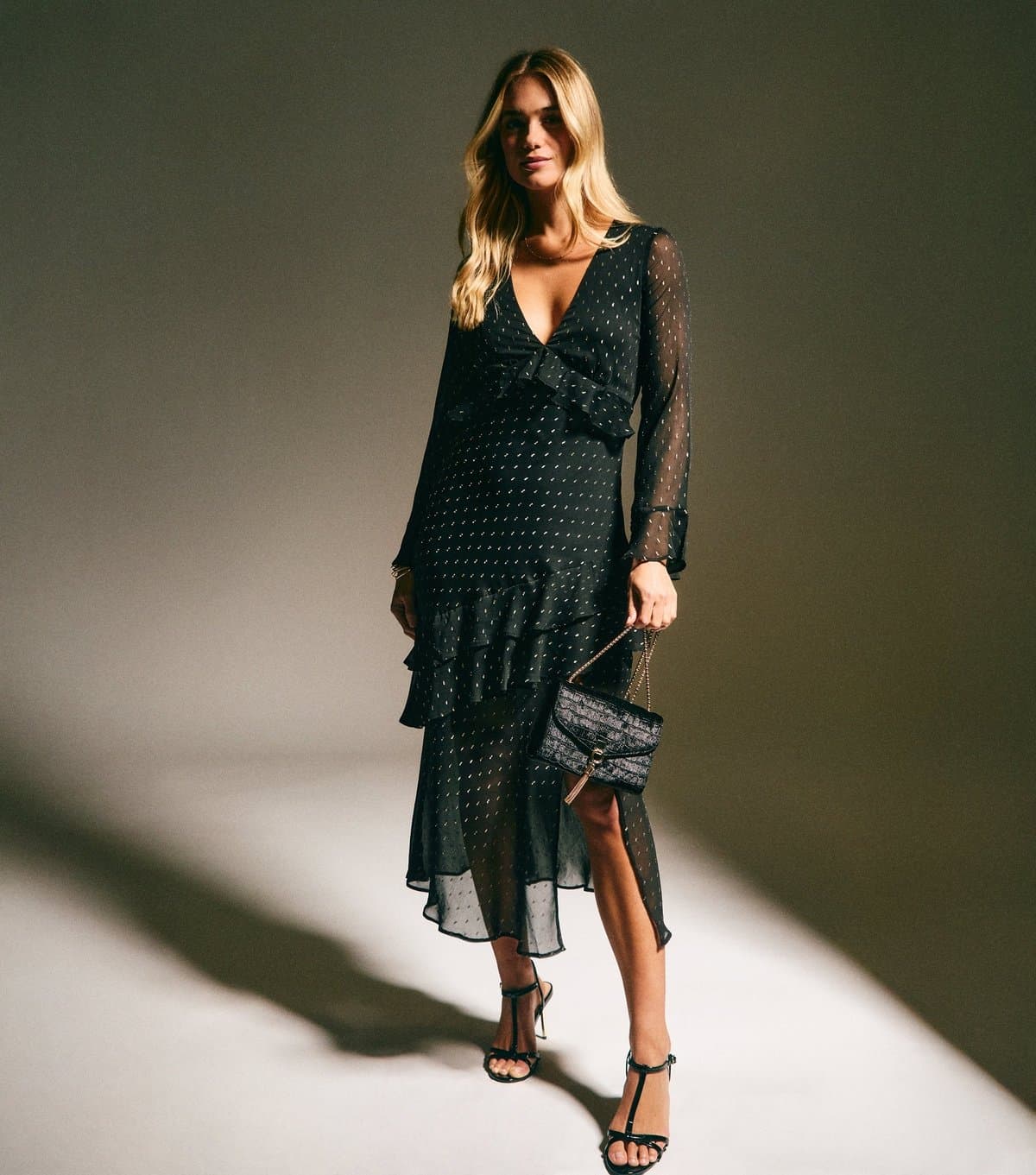 New Look Women's Black Chiffon Metallic Pattern Ruffled Midi Dress New Look