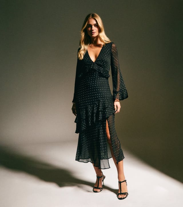 New Look Women's Black Chiffon Metallic Pattern Ruffled Midi Dress New Look - 3