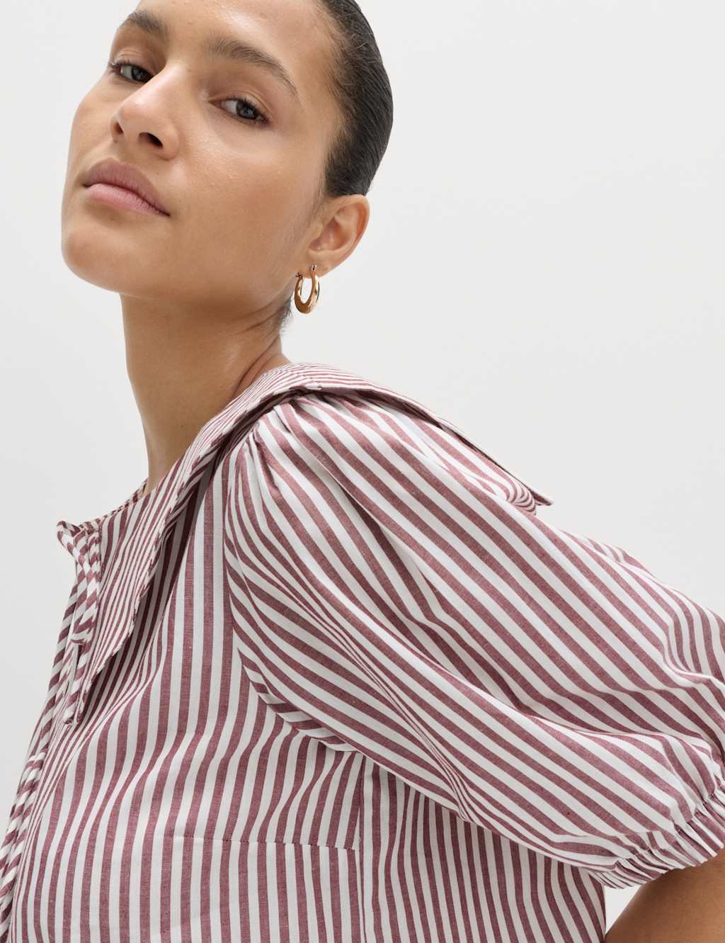 Marks & Spencer M&S Pure Cotton Striped Oversized Collar Tie Detail Shirt Red Mix - 2