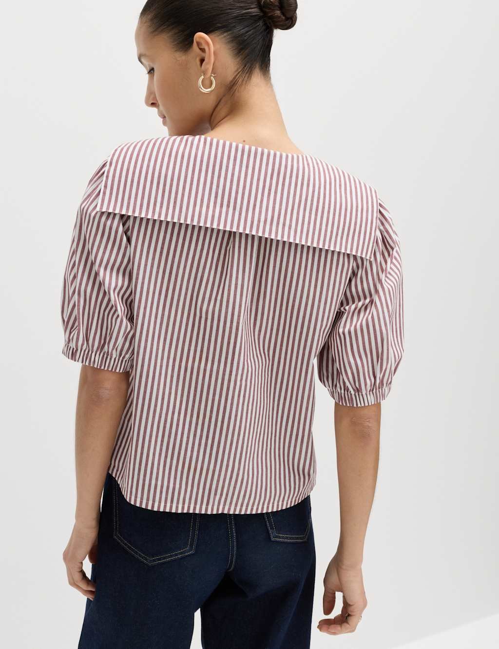 Marks & Spencer M&S Pure Cotton Striped Oversized Collar Tie Detail Shirt Red Mix - 3