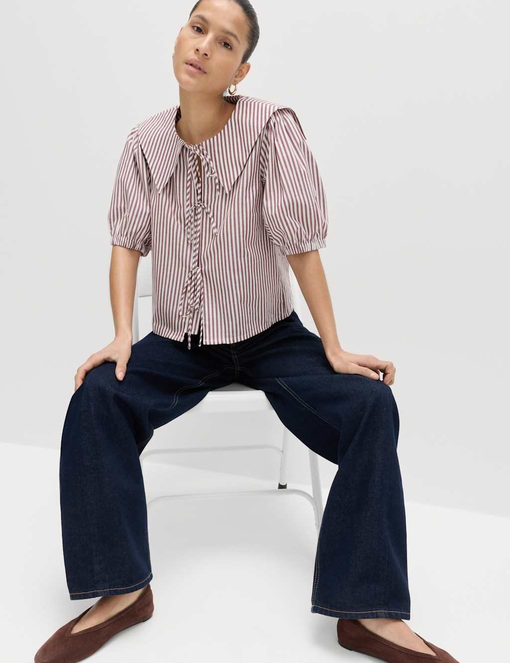 Marks & Spencer M&S Pure Cotton Striped Oversized Collar Tie Detail Shirt Red Mix - 4